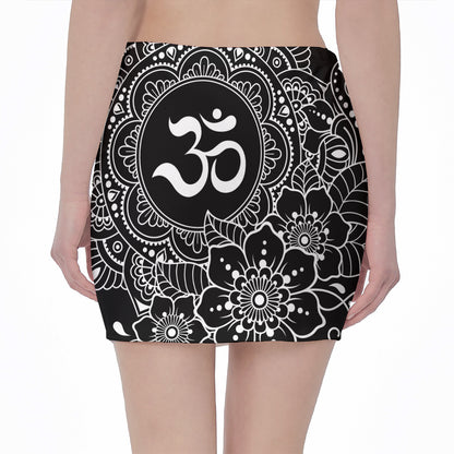 Black And White Om Print Pencil Mini Skirt