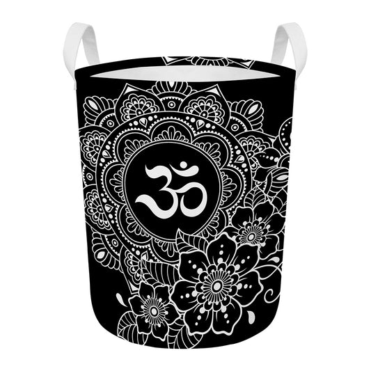 Black And White Om Print Round Laundry Basket
