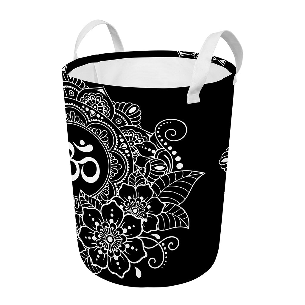 Black And White Om Print Round Laundry Basket