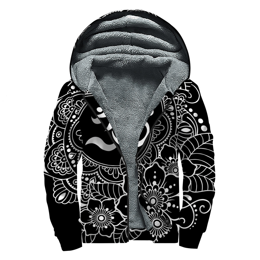 Black And White Om Print Sherpa Lined Zip Up Hoodie