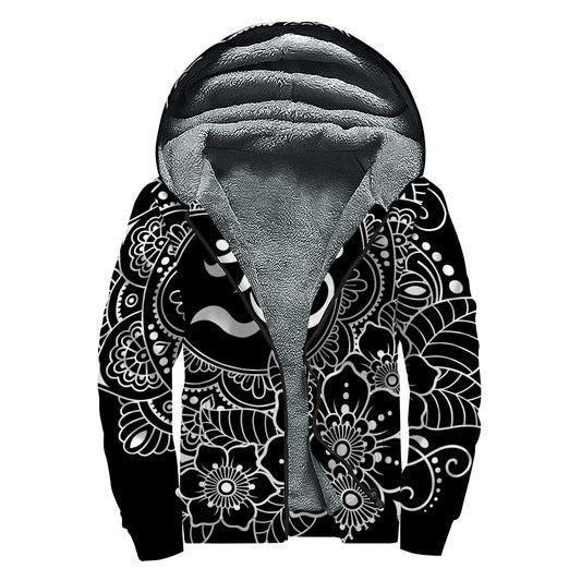 Black And White Om Print Sherpa Lined Zip Up Hoodie
