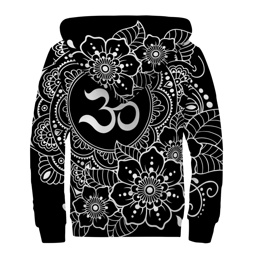 Black And White Om Print Sherpa Lined Zip Up Hoodie