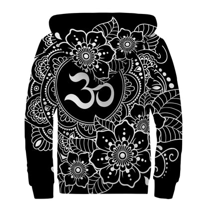 Black And White Om Print Sherpa Lined Zip Up Hoodie