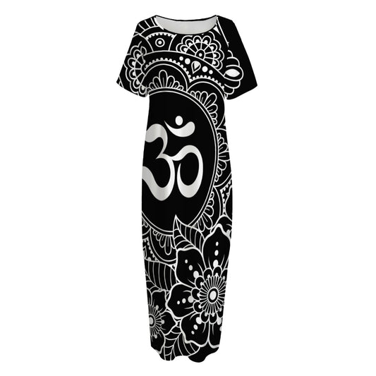 Black And White Om Print Short Sleeve Long Nightdress