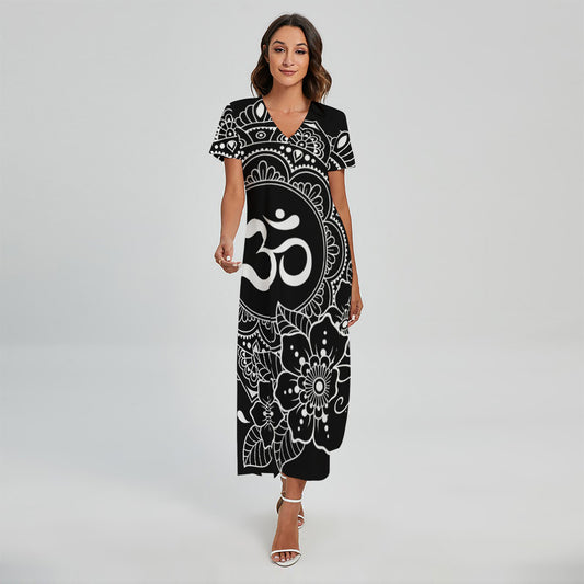 Black And White Om Print Short Sleeve Maxi Dress