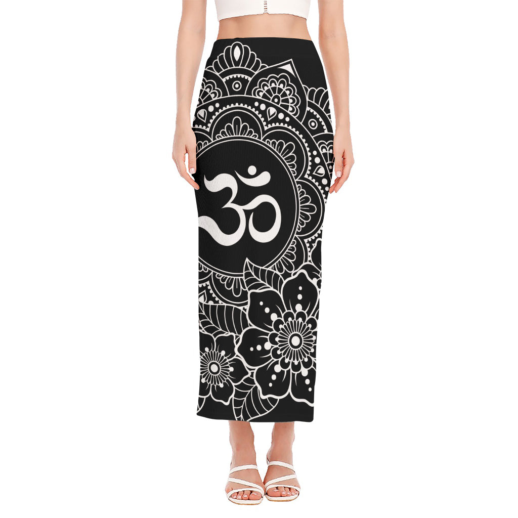 Black And White Om Print Side Slit Maxi Skirt