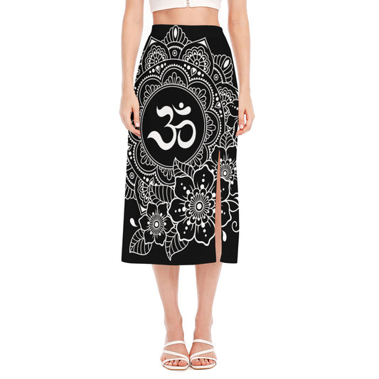 Black And White Om Print Side Slit Midi Skirt