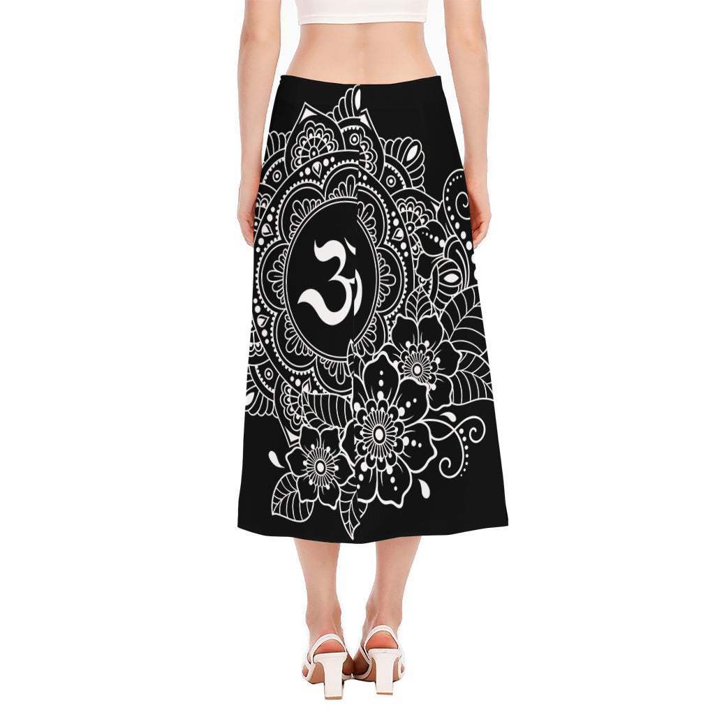 Black And White Om Print Side Slit Midi Skirt