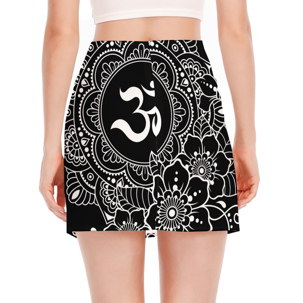 Black And White Om Print Side Slit Mini Skirt