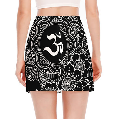 Black And White Om Print Side Slit Mini Skirt