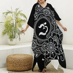 Black And White Om Print Silk V-Neck Kaftan Dress