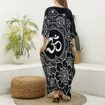 Black And White Om Print Silk V-Neck Kaftan Dress
