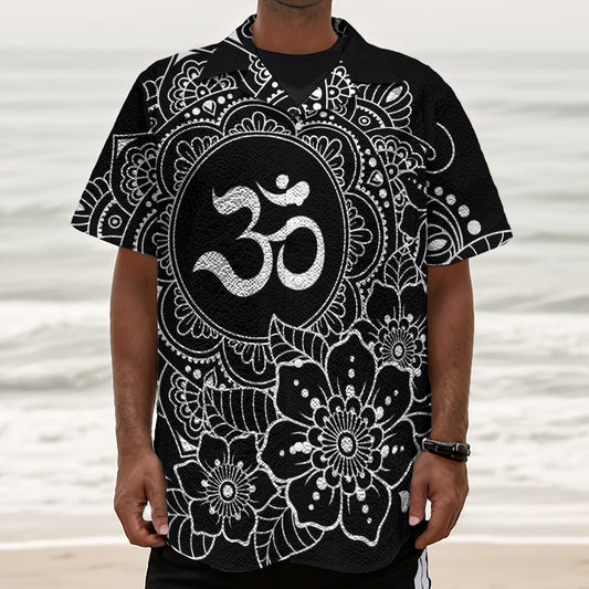 Black And White Om Print Textured Short Sleeve Shirt