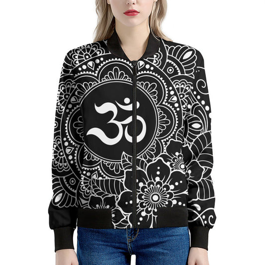 Black And White Om Print Women's Bomber Jacket