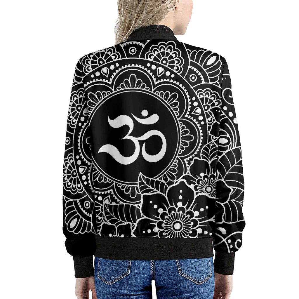 Black And White Om Print Women's Bomber Jacket