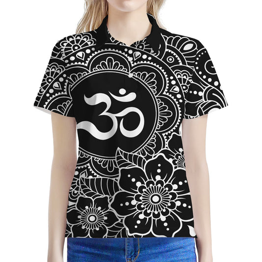 Black And White Om Print Women's Polo Shirt