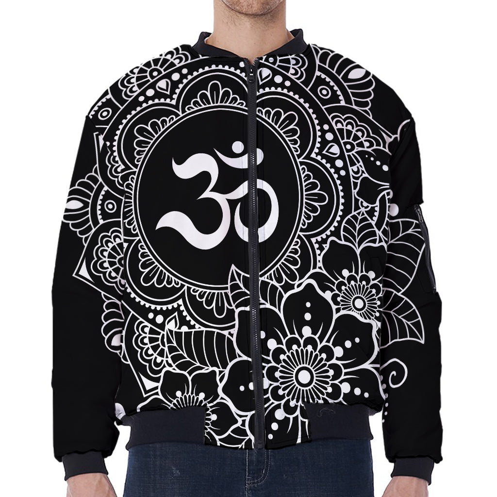 Black And White Om Print Zip Sleeve Bomber Jacket