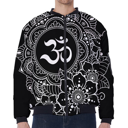 Black And White Om Print Zip Sleeve Bomber Jacket