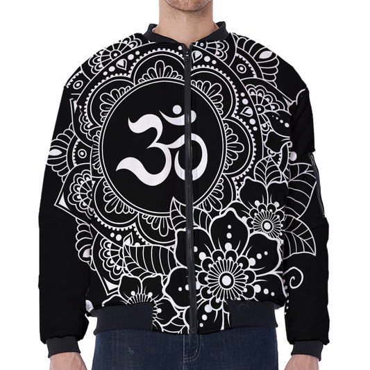 Black And White Om Print Zip Sleeve Bomber Jacket