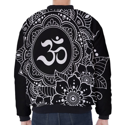 Black And White Om Print Zip Sleeve Bomber Jacket