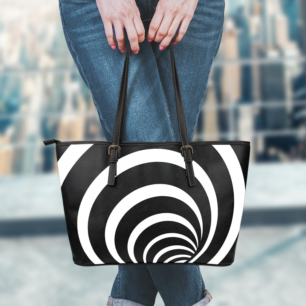 Black And White Optical Illusion Print Leather Tote Bag