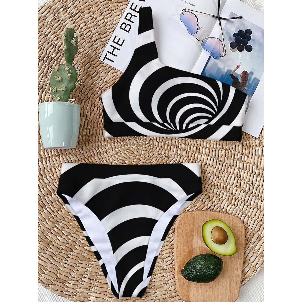 Black And White Optical Illusion Print One Shoulder Bikini Top