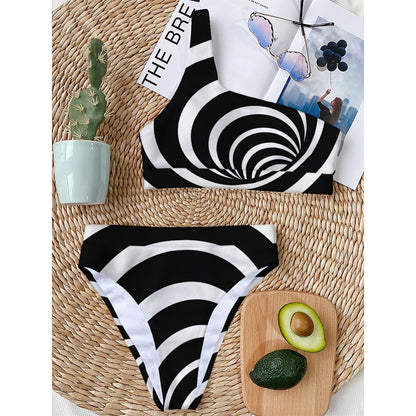 Black And White Optical Illusion Print One Shoulder Bikini Top