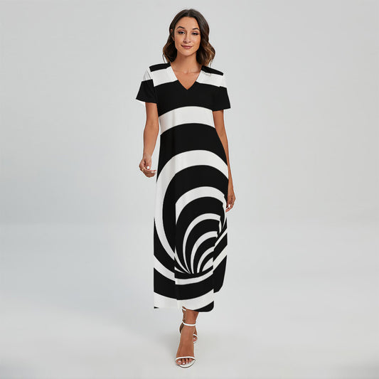 Black And White Optical Illusion Print Short Sleeve Maxi Dress