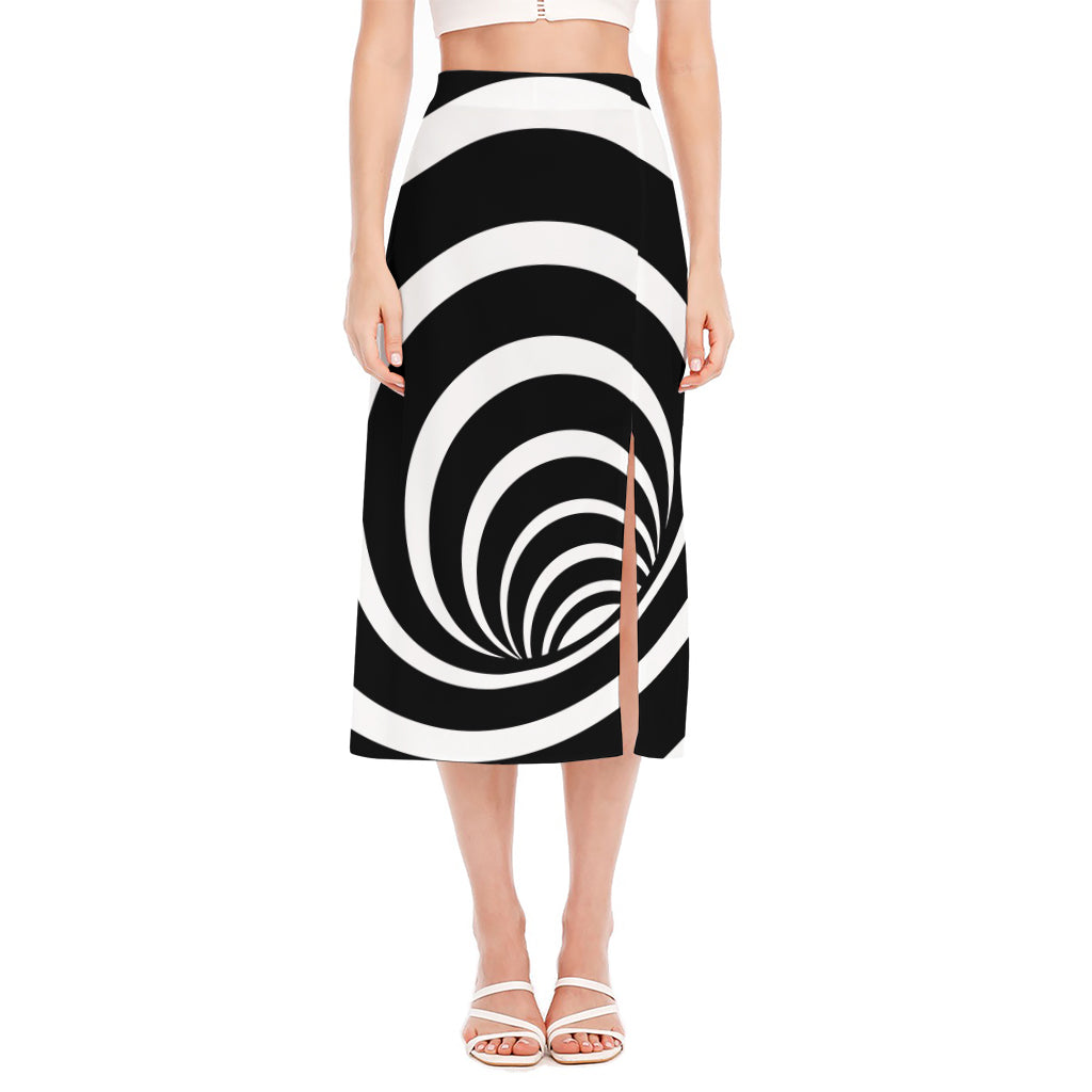 Black And White Optical Illusion Print Side Slit Midi Skirt