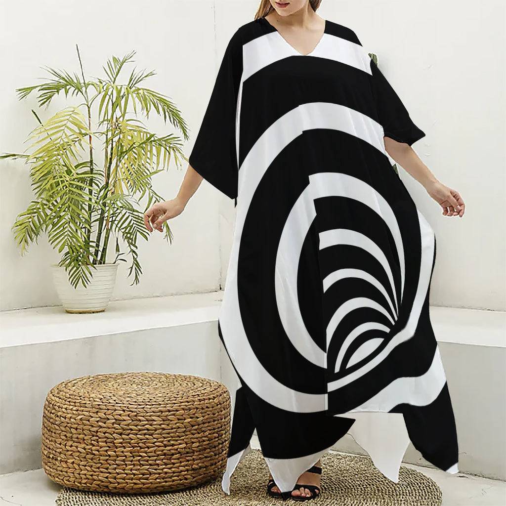 Black And White Optical Illusion Print Silk V-Neck Kaftan Dress