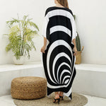 Black And White Optical Illusion Print Silk V-Neck Kaftan Dress