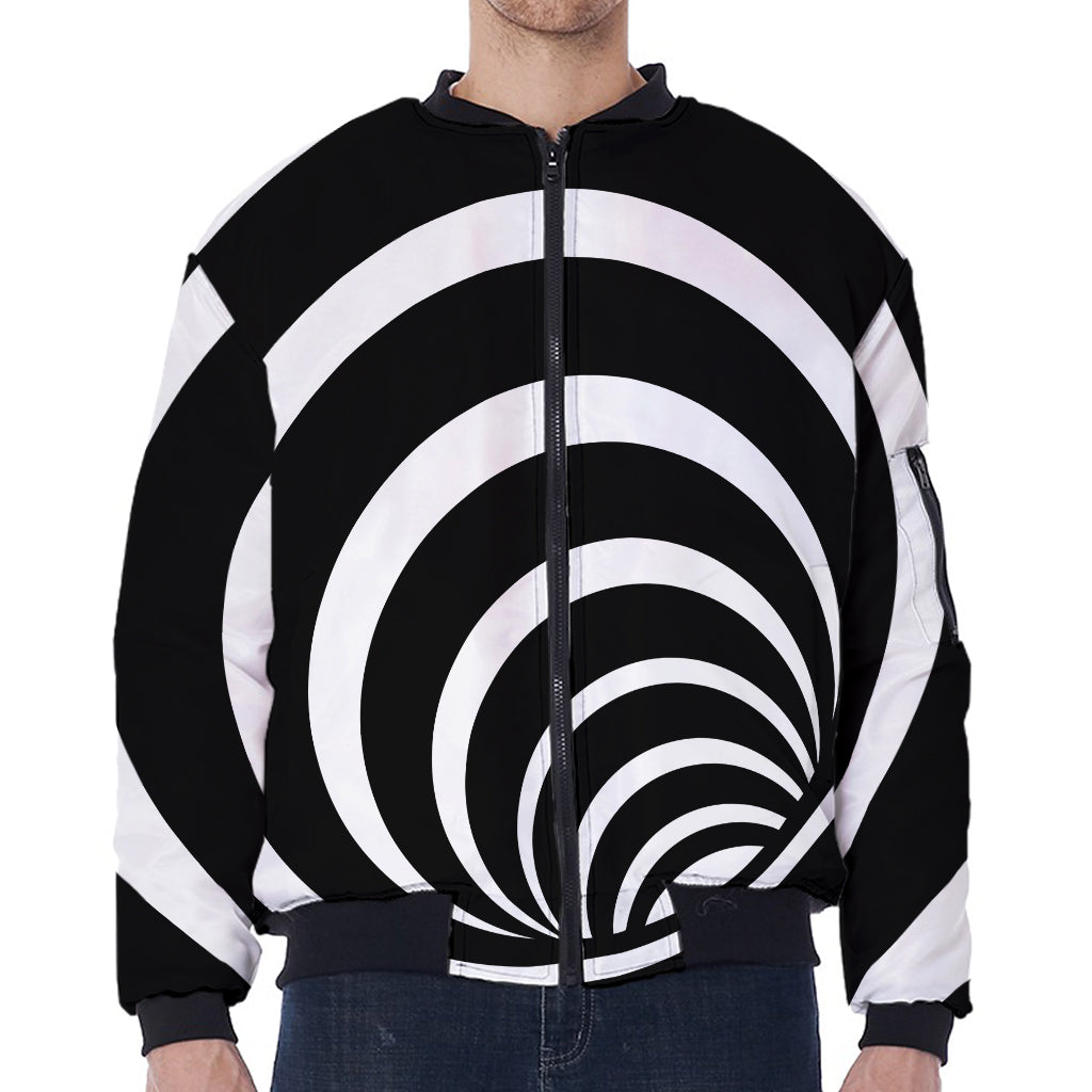 Black And White Optical Illusion Print Zip Sleeve Bomber Jacket