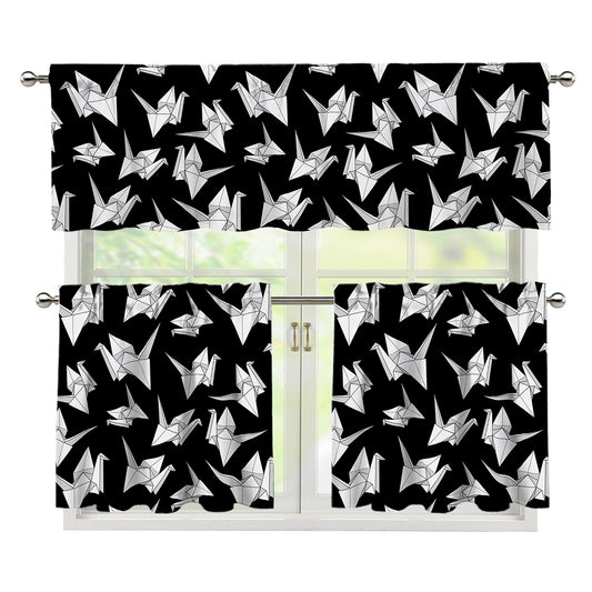 Black And White Origami Pattern Print 3 Piece Kitchen Curtains