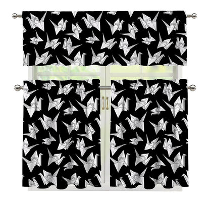 Black And White Origami Pattern Print 3 Piece Kitchen Curtains