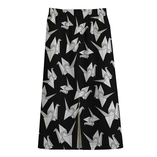 Black And White Origami Pattern Print Cotton Front Slit Maxi Skirt