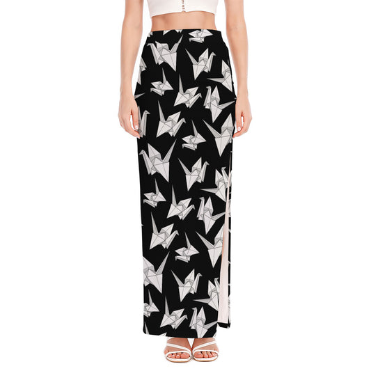 Black And White Origami Pattern Print High Slit Maxi Skirt