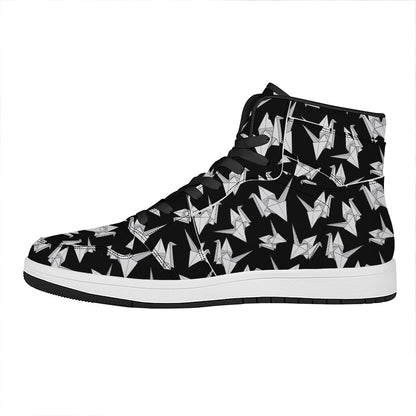 Black And White Origami Pattern Print High Top Leather Sneakers