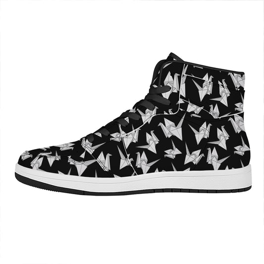 Black And White Origami Pattern Print High Top Leather Sneakers