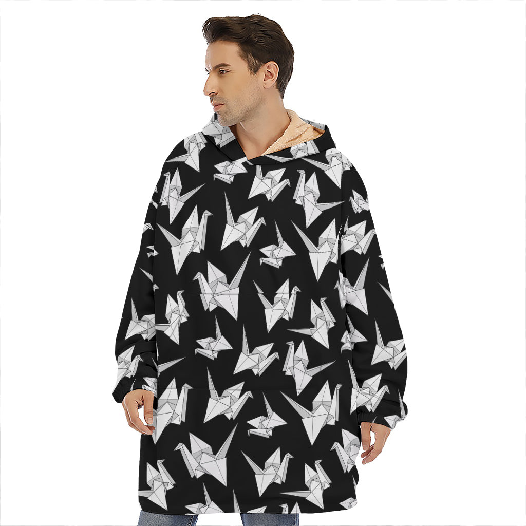 Black And White Origami Pattern Print Hoodie Blanket