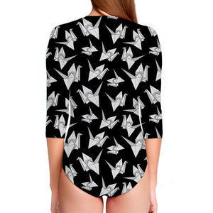 Black And White Origami Pattern Print Long Sleeve Swimsuit