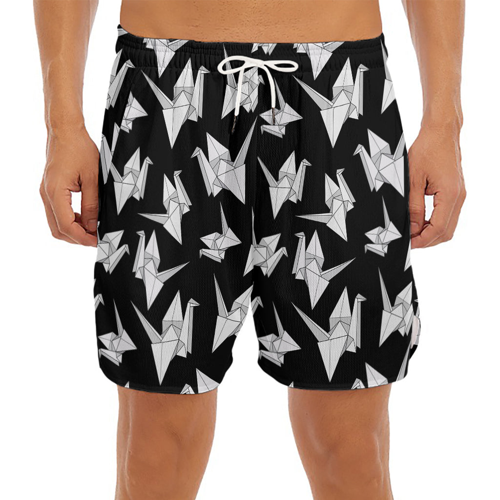 Black And White Origami Pattern Print Men's Split Running Shorts