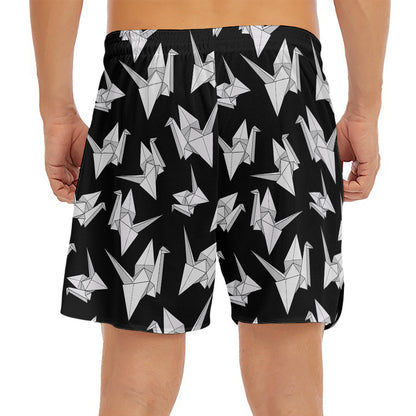 Black And White Origami Pattern Print Men's Split Running Shorts