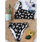 Black And White Origami Pattern Print One Shoulder Bikini Top