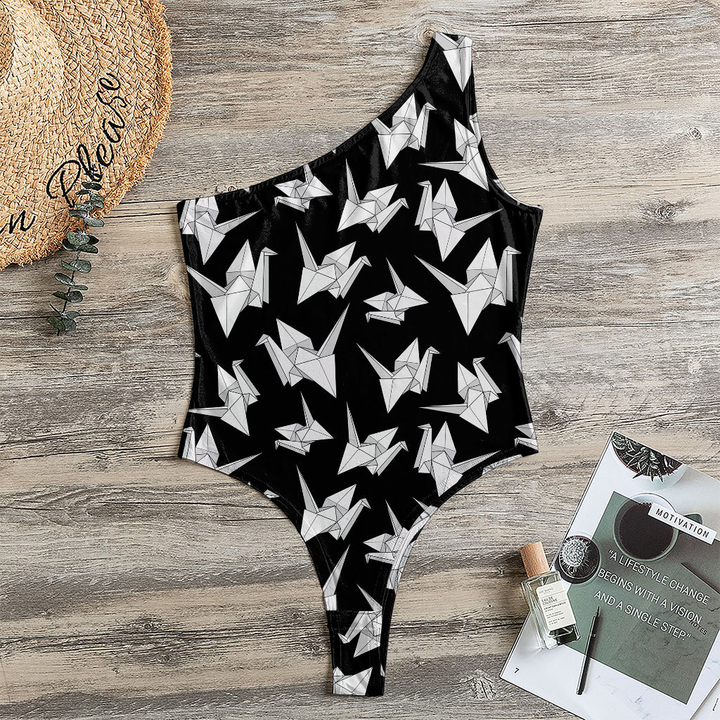 Black And White Origami Pattern Print One Shoulder Bodysuit