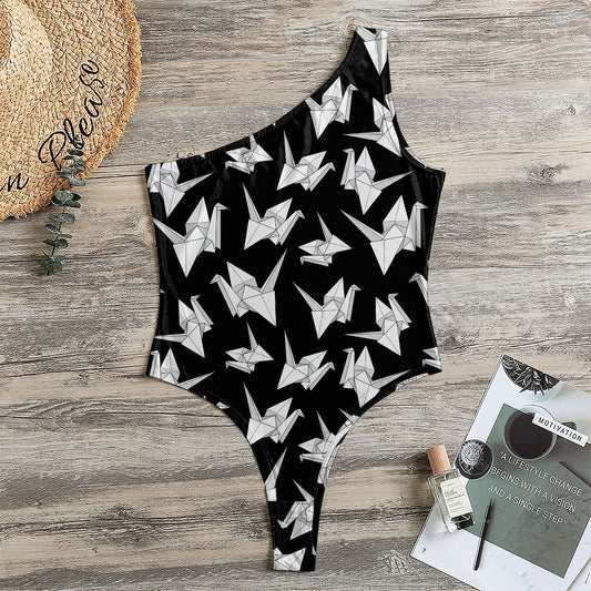 Black And White Origami Pattern Print One Shoulder Bodysuit