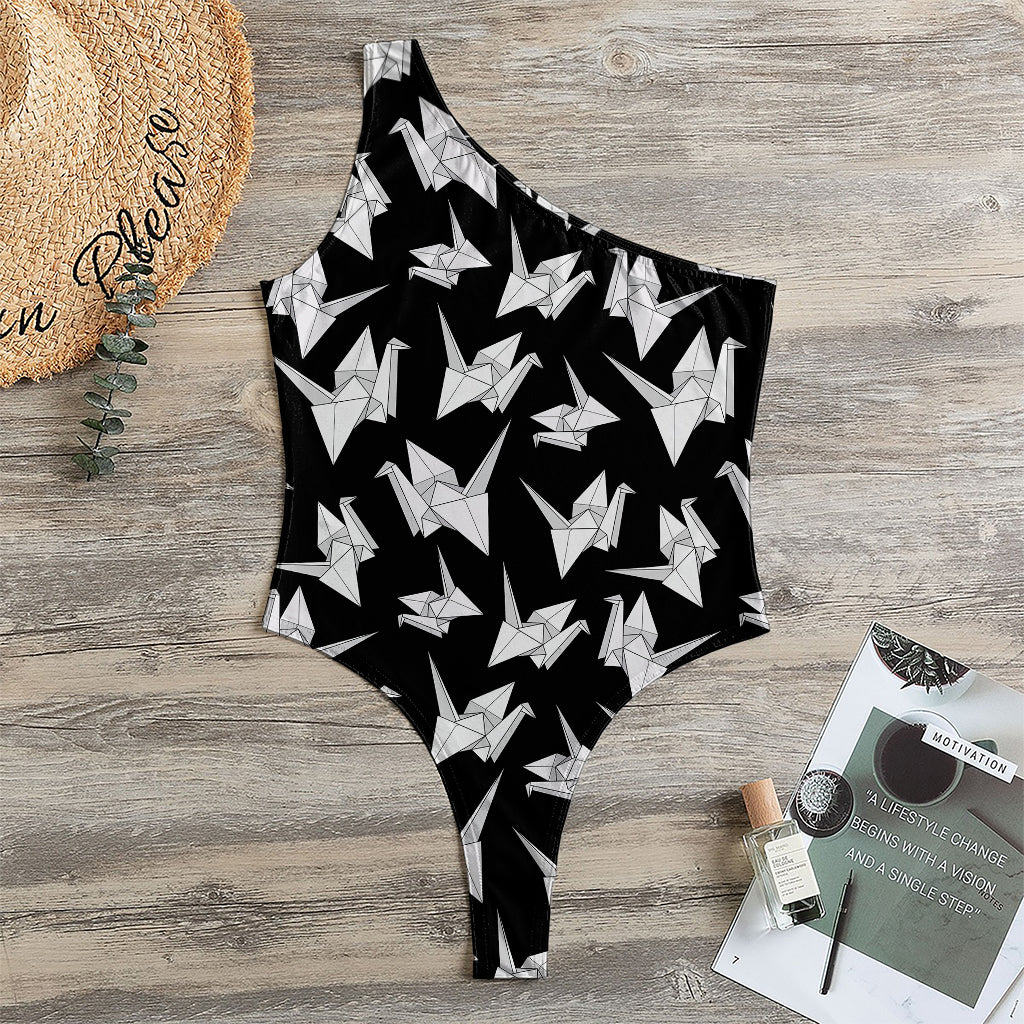 Black And White Origami Pattern Print One Shoulder Bodysuit