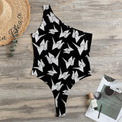 Black And White Origami Pattern Print One Shoulder Bodysuit