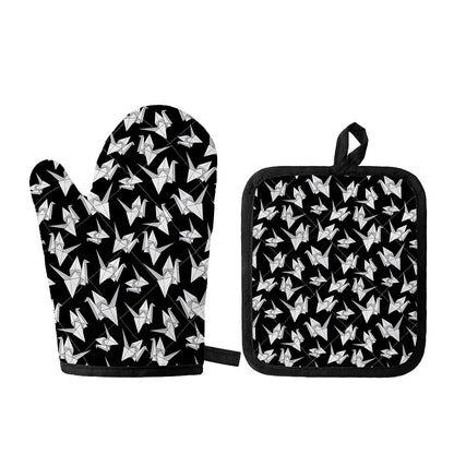 Black And White Origami Pattern Print Oven Mitt And Pot Holder Set