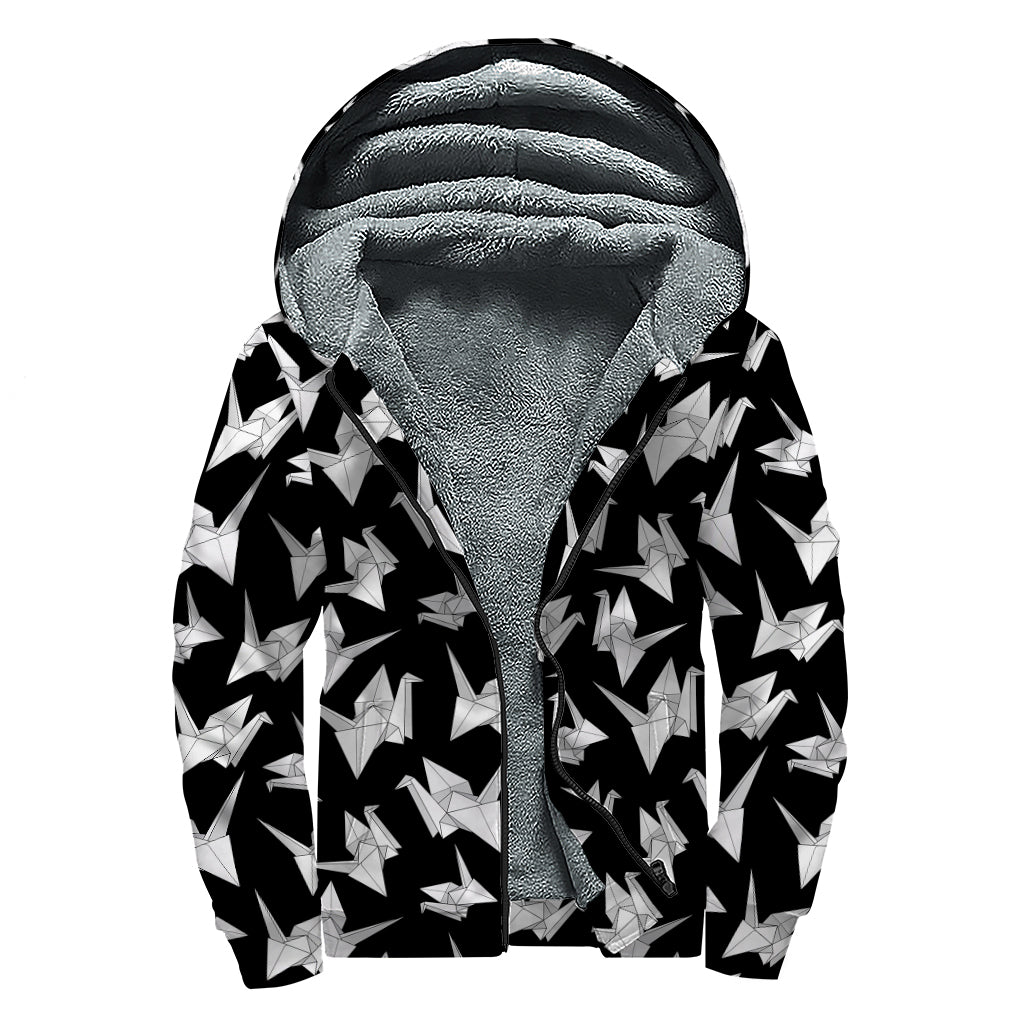 Black And White Origami Pattern Print Sherpa Lined Zip Up Hoodie