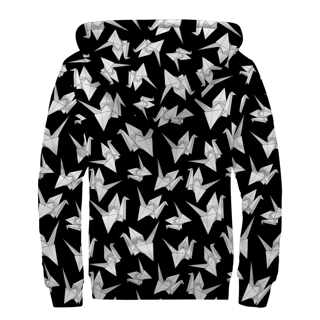 Black And White Origami Pattern Print Sherpa Lined Zip Up Hoodie